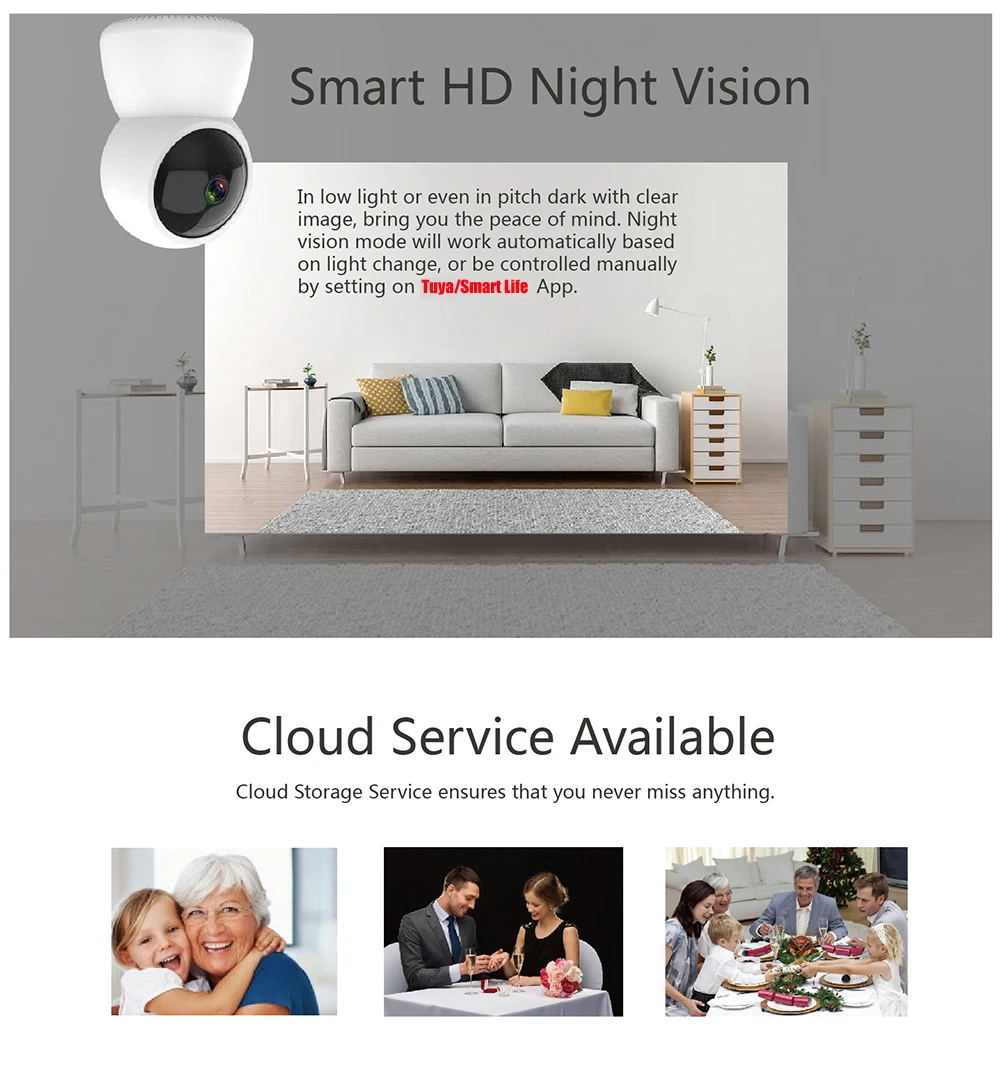 OEM Cloud Tuya HD 1080P Auto Motion Tracking Alarm Smart WiFi Night Vision IP Camera