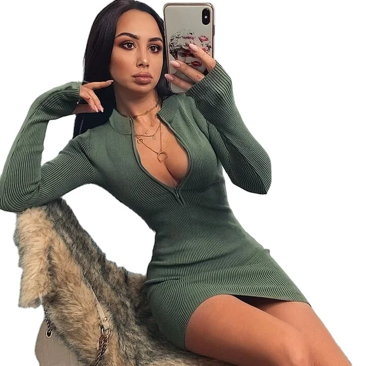 Women Fall long sleeve Bodycon Ribbed Dress 2022 New Stand Collar Zipper Deep V-neck Solid Stretch Bodycon Pencil Party DRESS