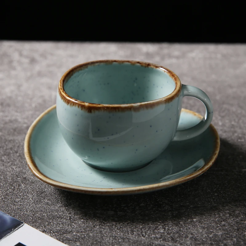 WEIYE Wholesale Ceramic Reactive Glaze Coffee Cups Espresso Glazed Ceramic tea Cup Irregular Shape cup with saucer