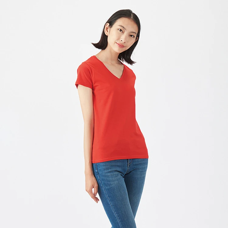 Wholesale 100% cotton fashion v neck logo custom embroidered tshirt women blank plain t-shirt printing