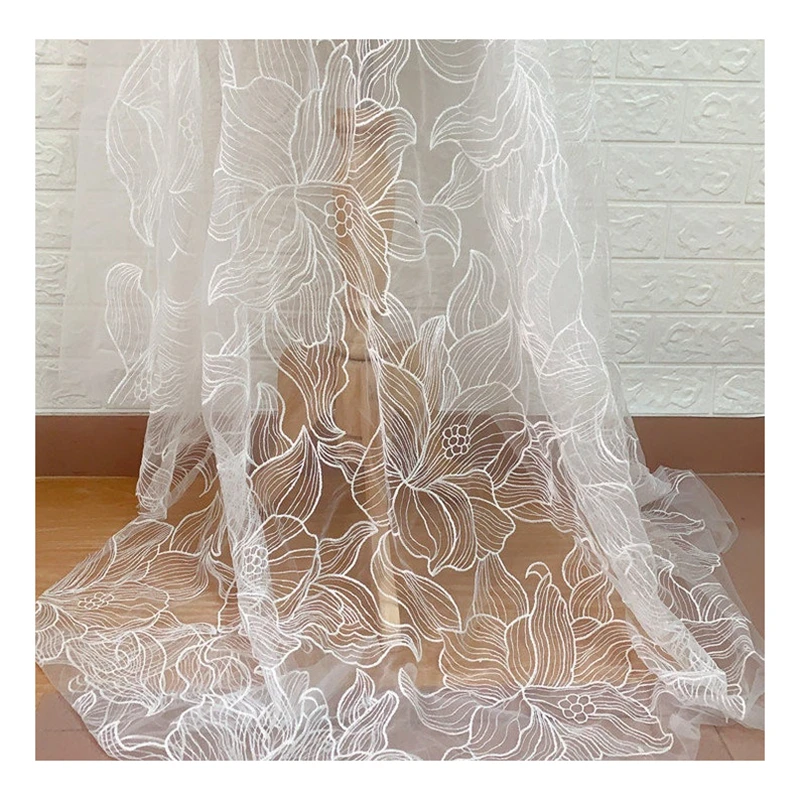 High endwedding bridal floral custom embroidery sheer white soft lightweight evening dress french tulle lace fabric by the yard