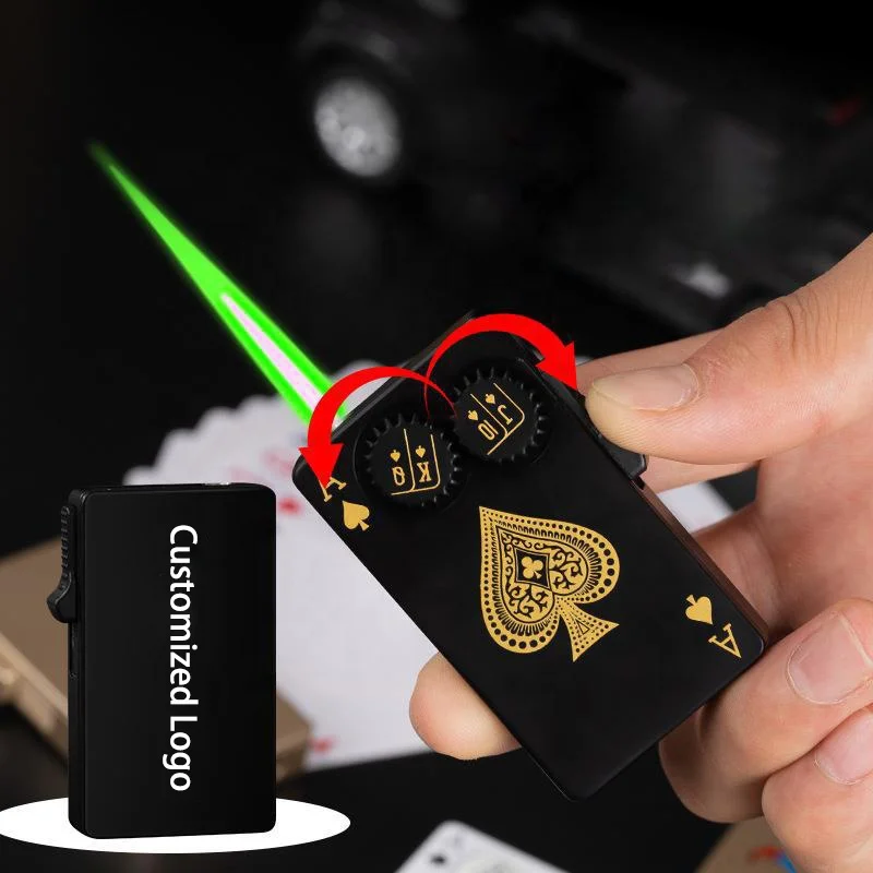 Wholesale Custom Metal Playing Card Green Flame Cigarette Lighters Windproof Rotatable Gear Luminous Poker Lighter
