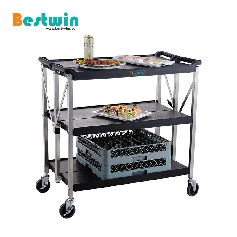 3-tier Plastic Shelf Aluminum Pipe Hotel Room Food Serving Trolley Cart