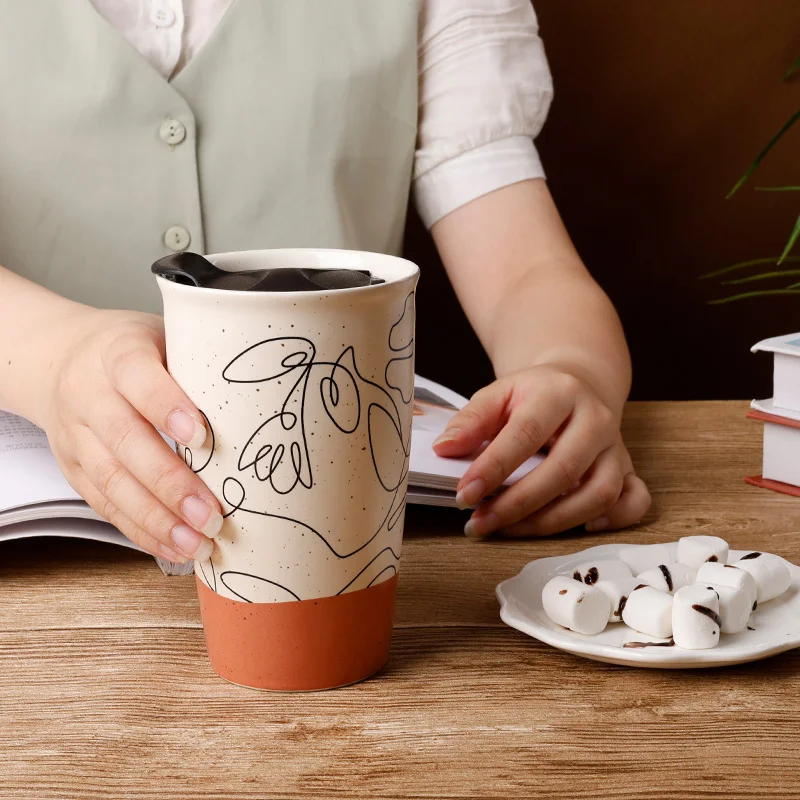 YST ceramics Manufacturer Modern ceramic Travel Mug Creative Flower Pattern Double-layer Coffe Cup with Lid