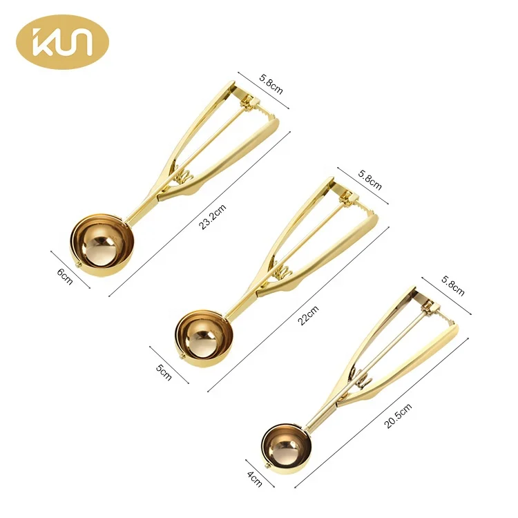 2022 Wholesale Ice Cream Scoop Spoons Gold Metal Cookie Scoop Stainless Steel Ice Cream Scoop With Trigger