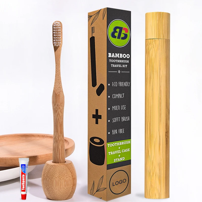 Custom OEM Free laser logo round handle charcoal bristles bamboo Toothbrush pack in bamboo case with customized logo