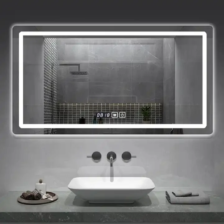 Luxury Rectangular LED Backlit Smart Bathroom Mirror Big Wall Mounted Anti Fog Silver Mirror Modern Luxury Style Wedding Makeup