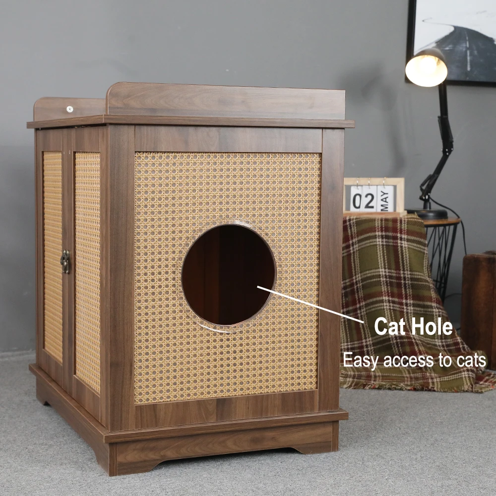 Customized Hoopet Luxury Wood Rattan Cabinets Cat Condo House Furniture With Hole