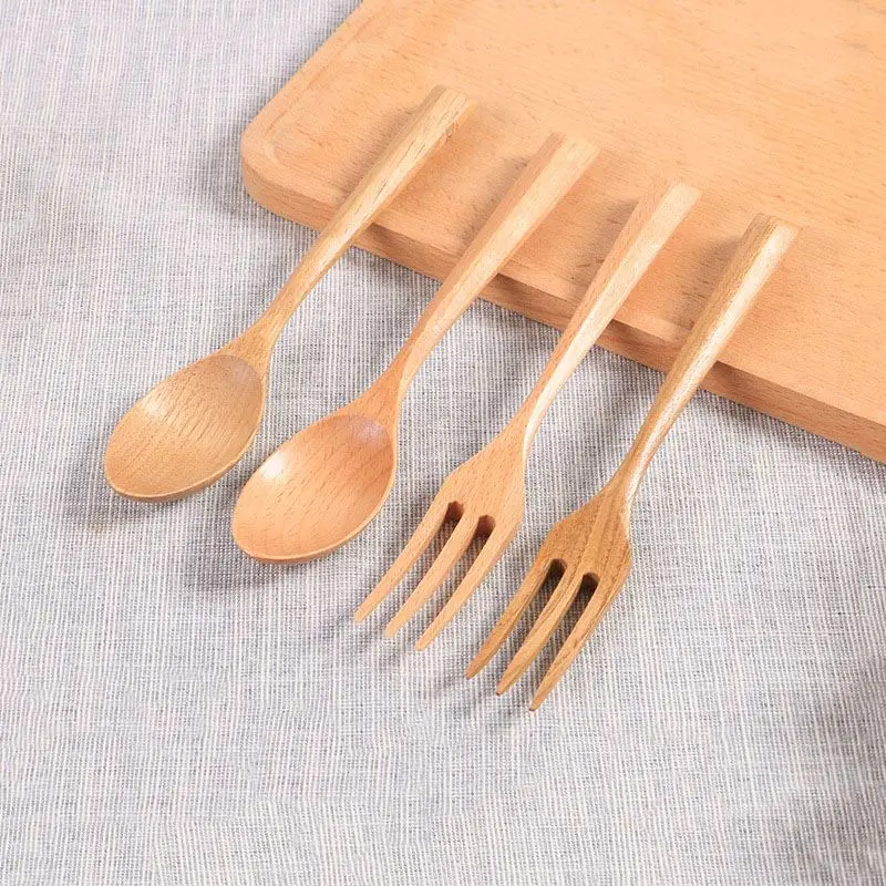High Quality 100% Natural Wood Fork And Spoon Set Dessert Spoon Fruit Fork Wooden Cutlery Set