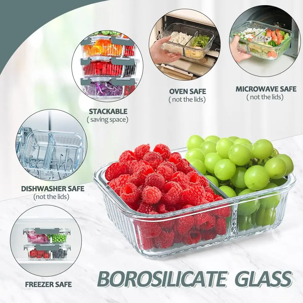 Glass Meal Prep Containers 2 Compartments, 5 Packs 36 oz, Airtight Glass Lunch Bento Box Glass Food Storage Containers