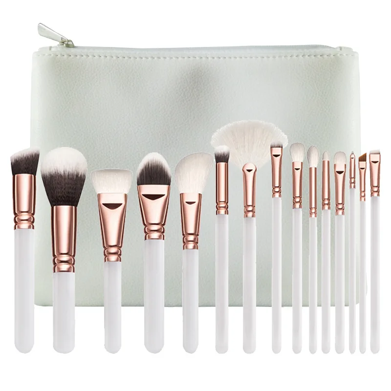 LOW MOQ Customized 15pcs Rose Gold Pink Private Label Vegan Make Up Tools Powder Foundation Eyes Brush Makeup Brush Set with bag