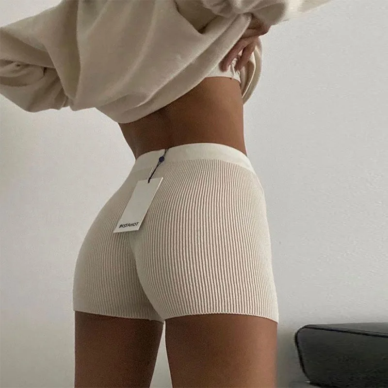 Fashion Rib Knitted Outfit Bike Short Black White Stretch Skiny Sport Shorts For Women
