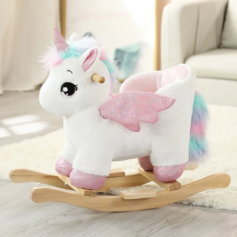 Unicorn Rocker Plush Rocking Chair Rider  Kids Wooden Rocking Horse Stuffed Animal Ride on Toy Kids Plush Rocking Horseer