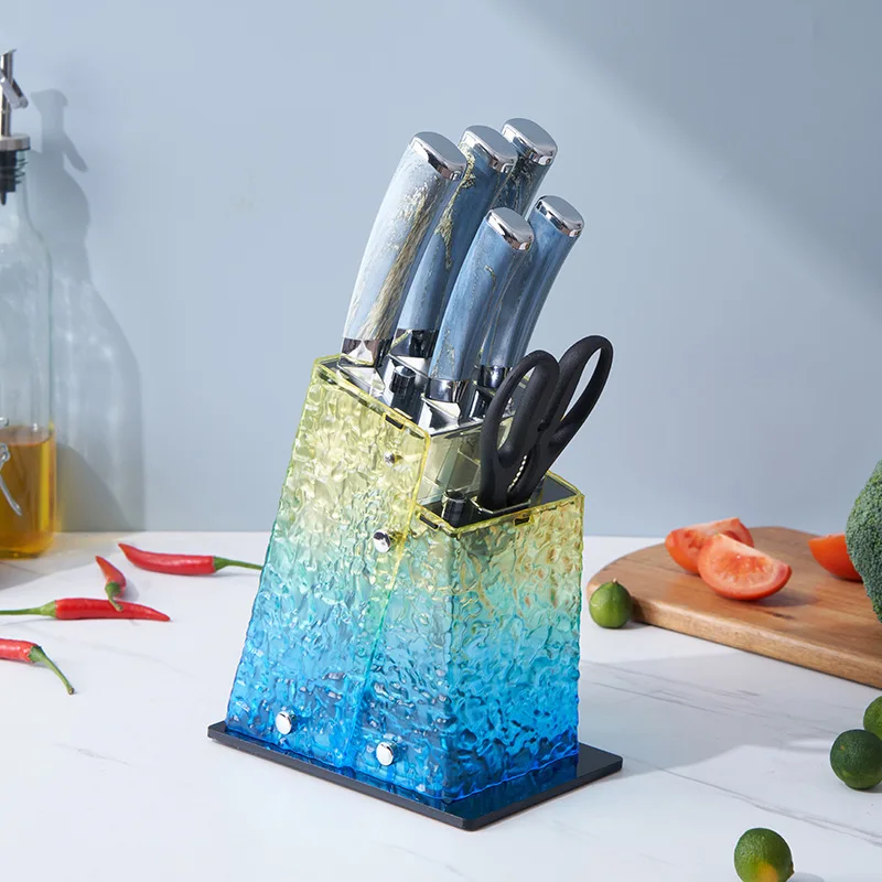 2025 new modern kitchen knives stainless steel 7 pcs chef knife set with colored handle kitchen knife set acrylic stand