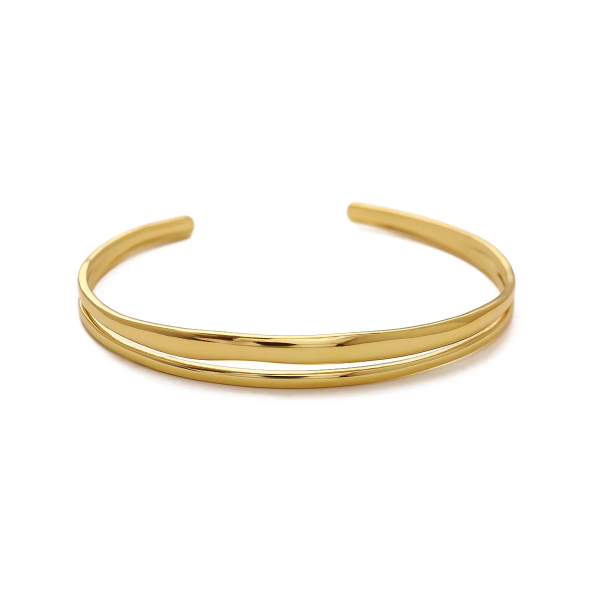 Tarnish Free PVD 18K Gold Plated Hammered Finish Irregular Double Layer Cuff Bracelet Women