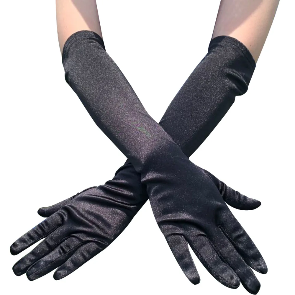 MIO Women Elbow Length Vintage Black Nylon Satin Stretchy Sleeve Glove Elegant Long Opera Dance Wedding Arm Warmers Gloves
