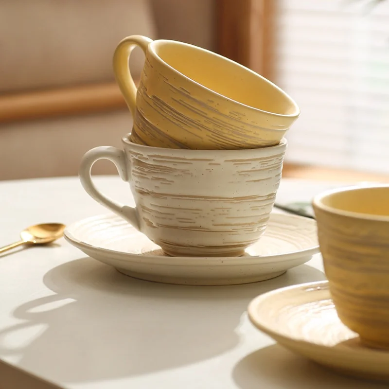 Lelyi Japanese style style creative high value ceramic mug new household striped retro coffee cup and saucer