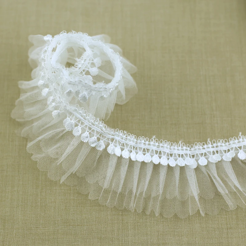 5.5 cm white color ruffled lace trim 2 layer pleated mesh lace trimming for ladies dress  clothing