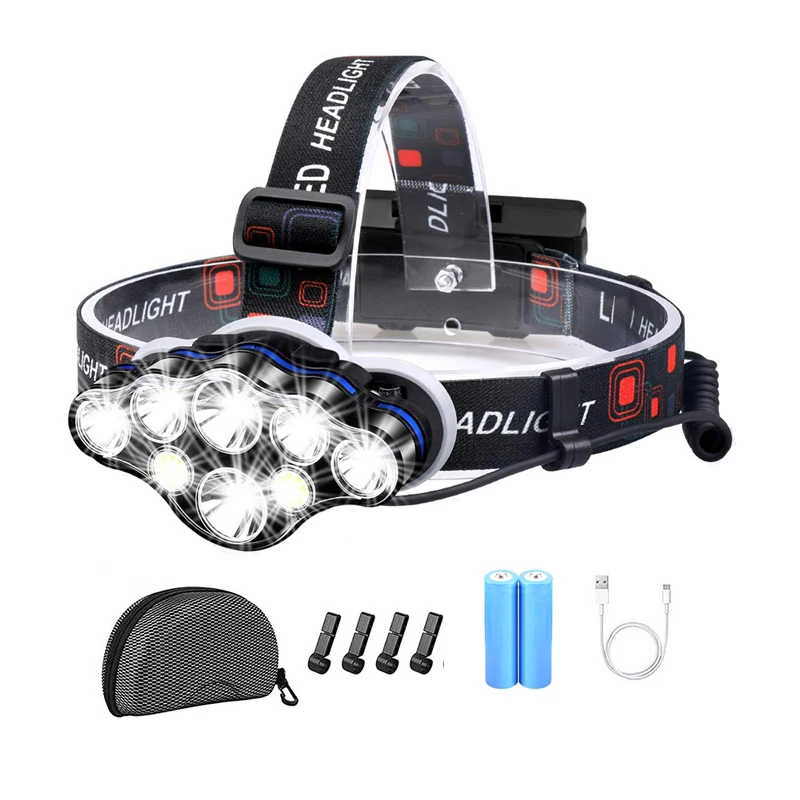 High Quality Waterproof Outdoor Camping Mining Fishing Multi function 8 LED 18650 High Power COB LED Rechargeable Headlamps