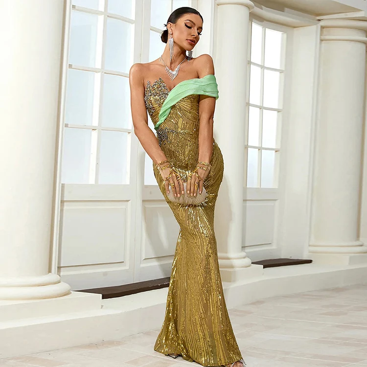 Fashion Olive Green Rhinestone Sequined Embroidered One Shoulder Ladies Dinner Dresses