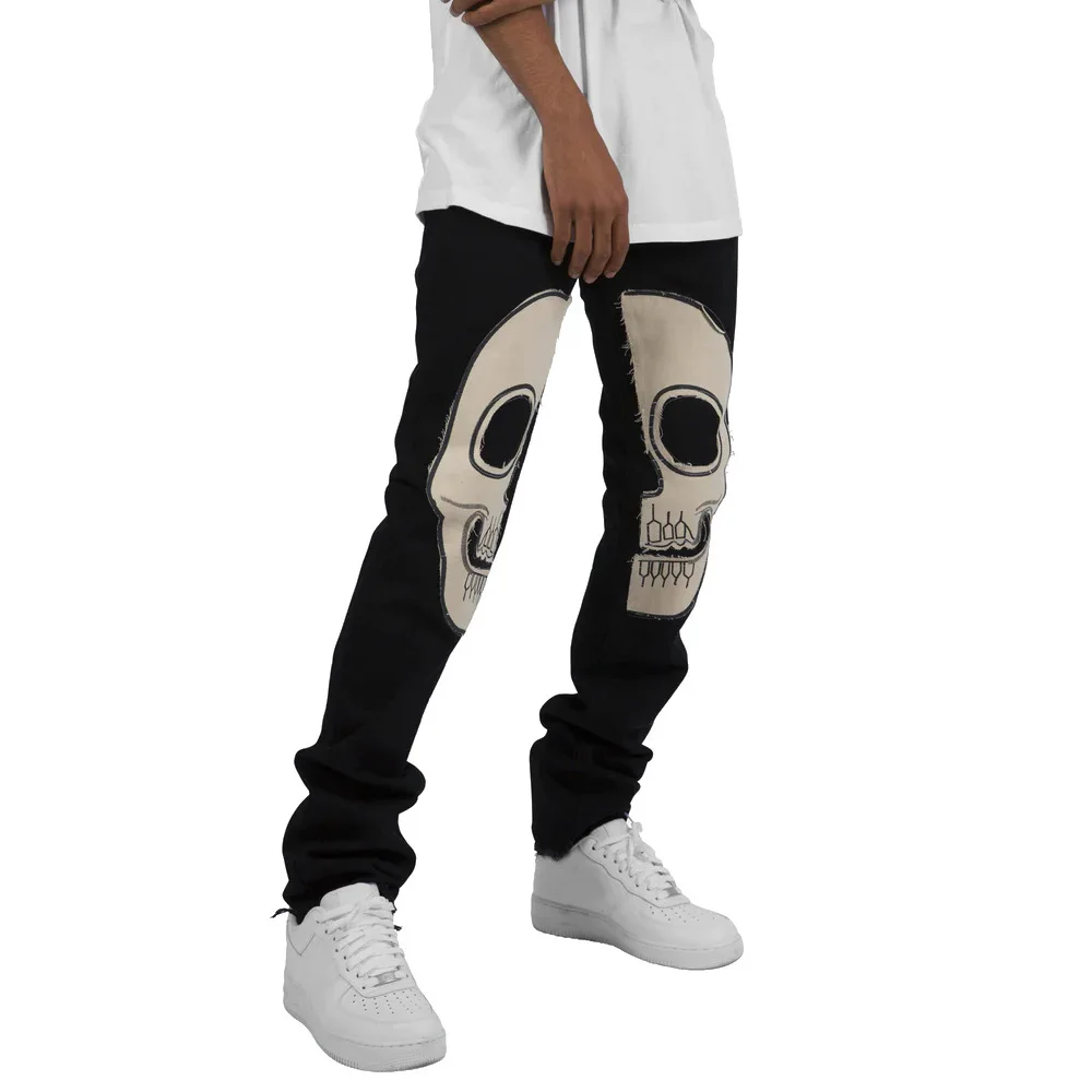 Gingtto Custom Christmas Jeans Skeleton Straight Denim Black White Slim Fit Stacked Jeans Men