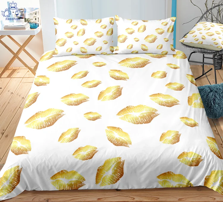 Duvet Cover Full Size, Romantic Couples Red Lips Kiss Printed Quilt Cover Set, for Valentines Day Wedding Decorations