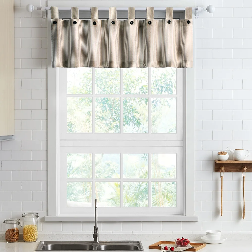 Linen color striped design 3 piece tab top cotton kitchen curtains and valances set ready made