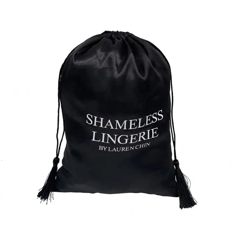 black custom logo satin bags with tassels Drawstring Bag silk printing jewelry pouch bag  for hair