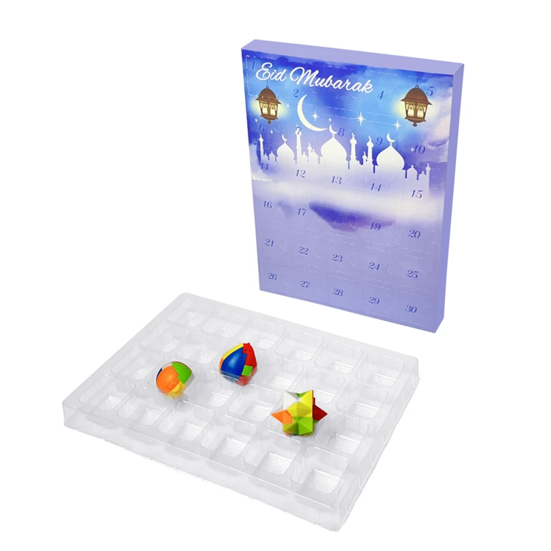 Ramadan Advent Calendar Blue Chocolate Candy Gift Paper Packaging Box Open Door Paper 30 Day Advent Calendar