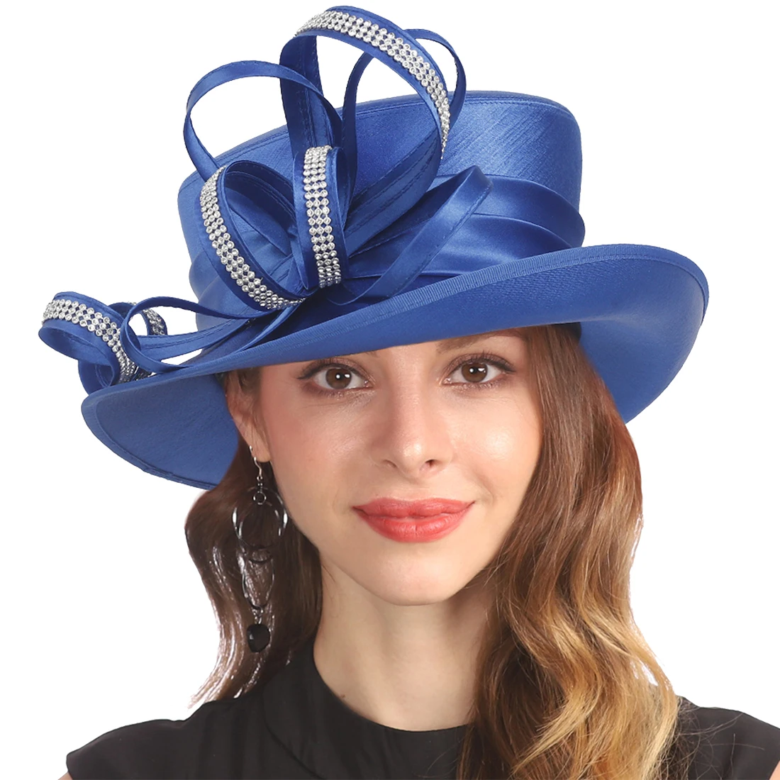 Wholesale Fancy Women Dressy Satin Formal Wedding Derby Hair Fascinator Church Hats w/ Diamonds Champagne Gold SD718