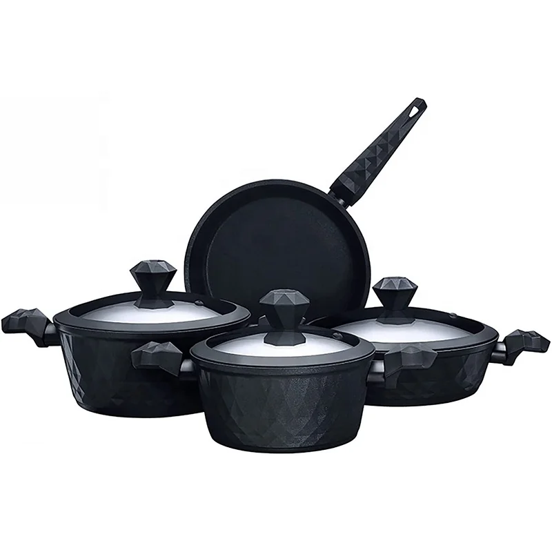 7PCS  Diamond Design Cooking pots and fry pans with silicone glass lid non stick coating customized