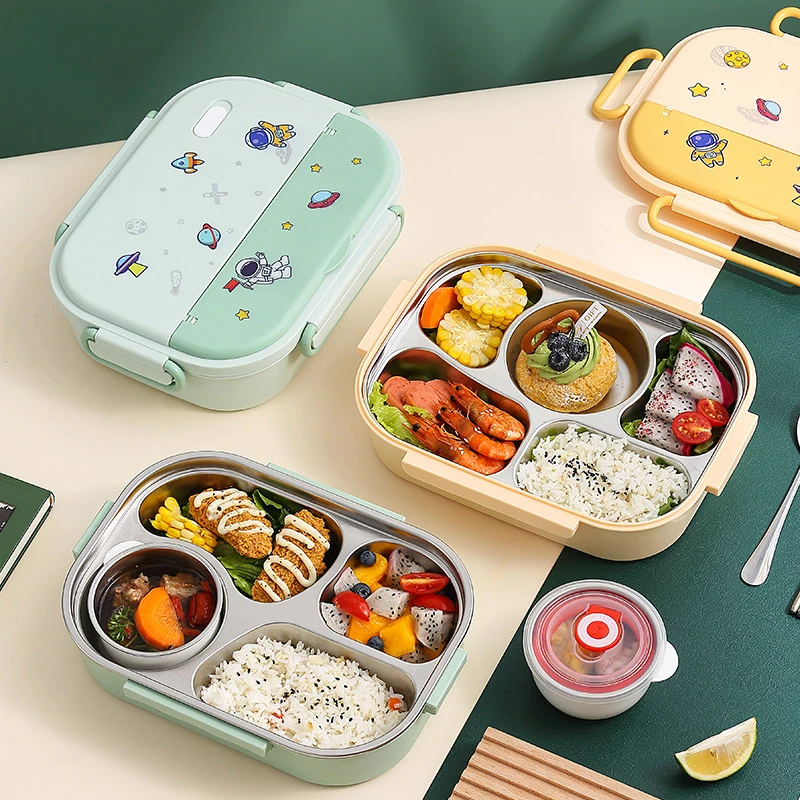High Quality Custom Chill Cartoon Stainless Steel Kids Takeaway 5 Compartment Salad Bento Lunch Togo Box Container Set For Kids