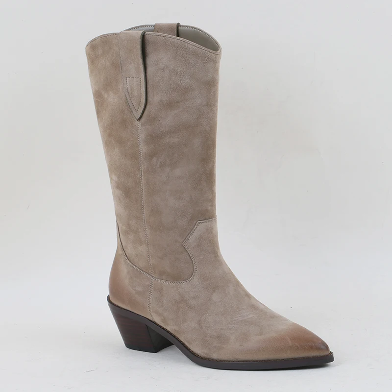 Custom Leather Thigh Cowboy Boots Point Toe High Heels Half Rain Zipper Slip On Winter Genuine Leather Thigh High Boot For Women