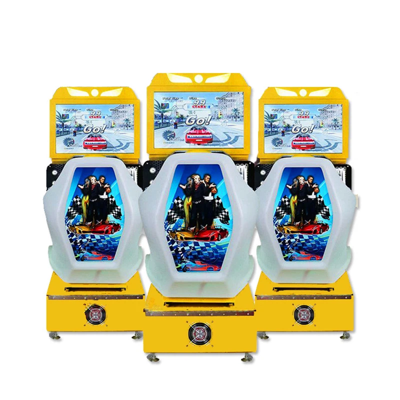 Toss a coin operate an electronic child ride drive a child arcade car race an arcade car simulator around a racing game machine