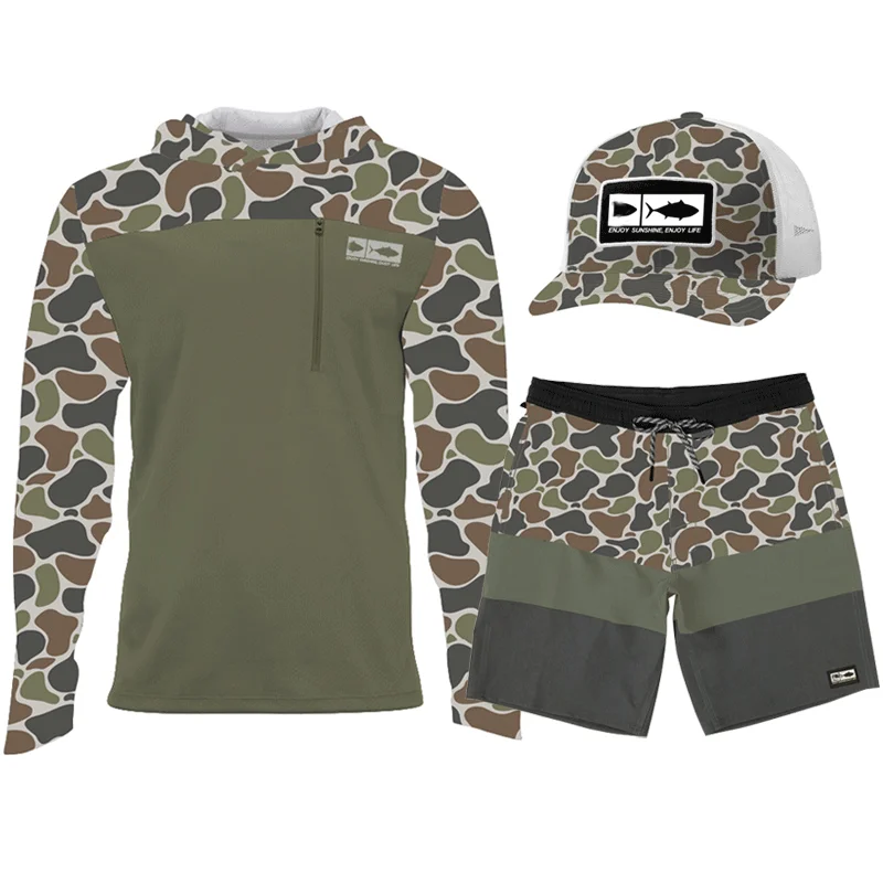 Customize camo hoodie outdoor Design Fishing Set sunscreen quick drying long sleeve Face Protection Zipper pocket fishing shirts