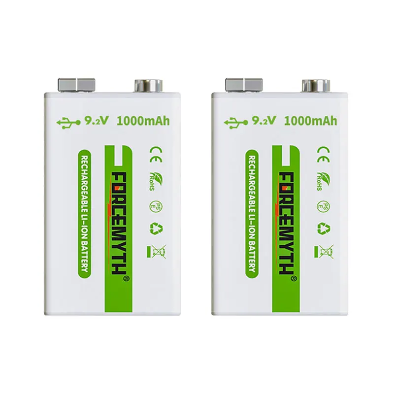 Перезаряжаемые аккумуляторы 9 В USB Type-C перезаряжаемые литиевые батареи 1000 мАч 2 с зарядным кабелем 2-в-1