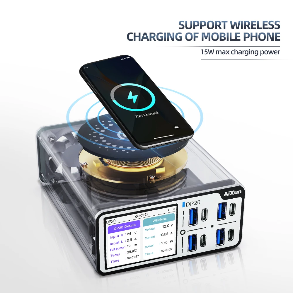 AIXUN DP20 USB Charger Station With Wireless Charging Digital Display Curve Interface and Visible Data Can Upgrade Online