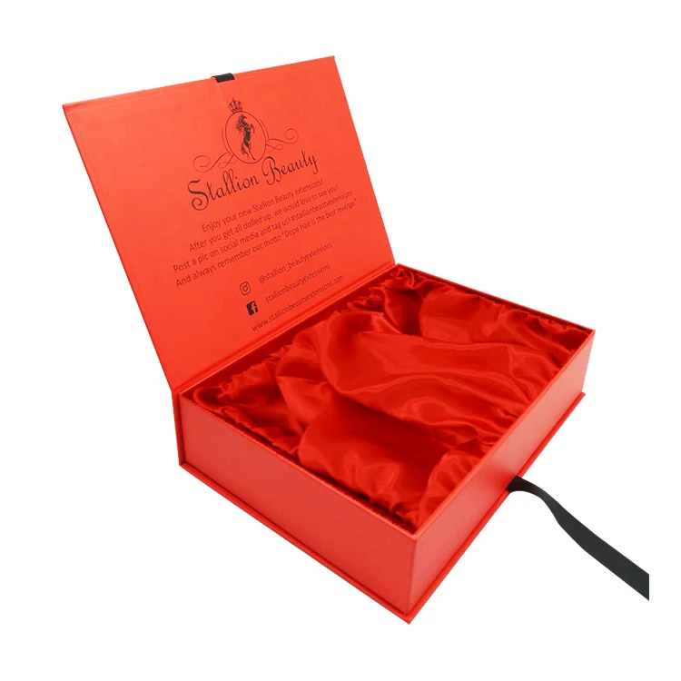 Custom Logo Wholesale Price Red Wig Packaging Hair Extension Box Hamper Magnet Magnetic Gift Box With Ribbon