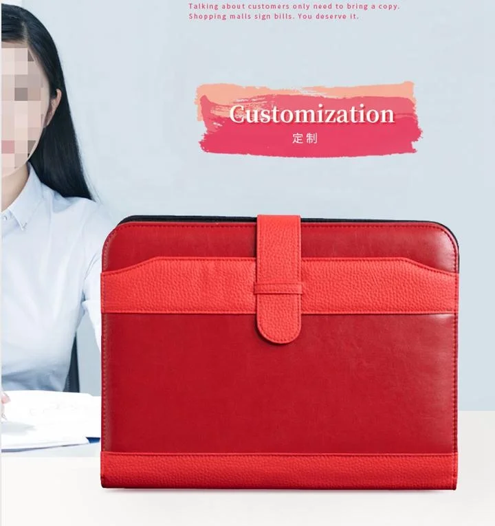 Custom Red PU Leather Snap A4 Document Folder,Padfolio With Calculator for Promotion Gift,Zippered Padfolio For Women Leather