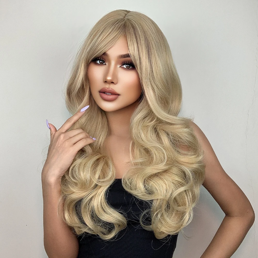 Synthetic Ombre Platinum Blonde Wig Long Wavy Wig with Bangs for Women Cosplay Party Heat Resistant Hair Wig