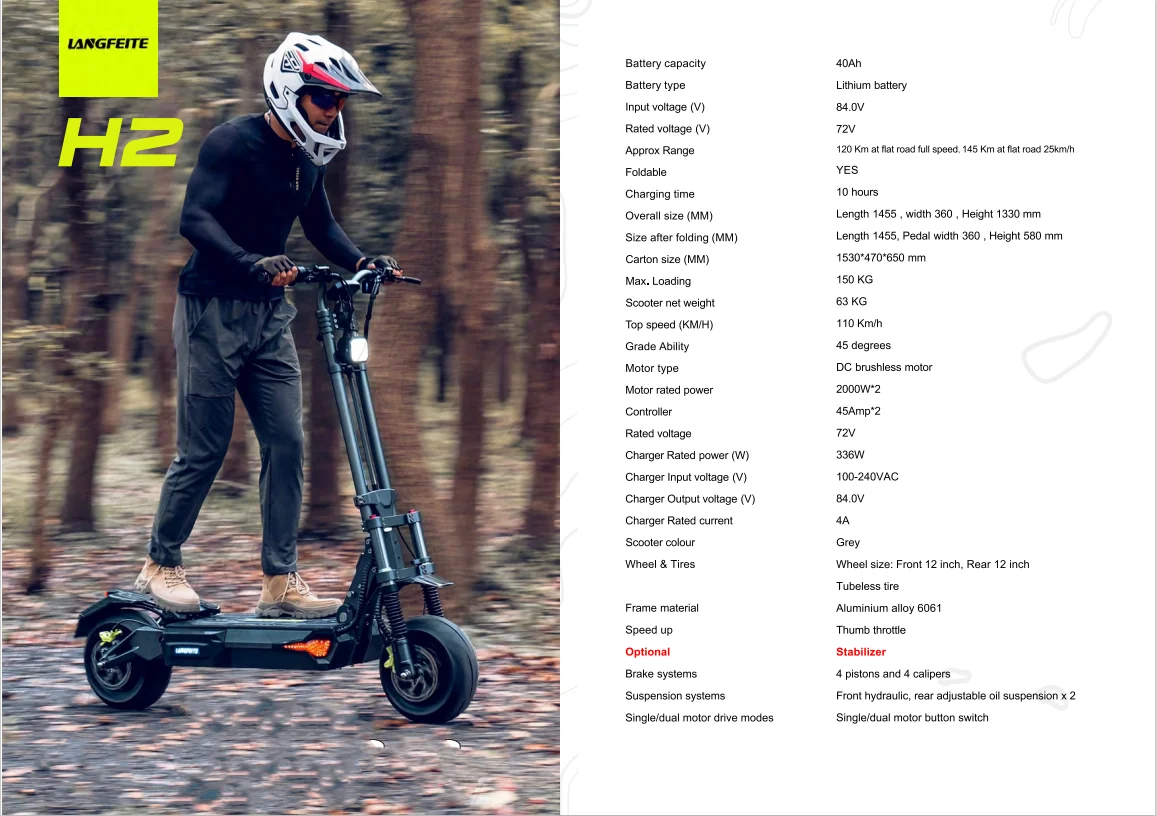 Langfeite 12 Inch Wide Wheel Foldable 72V 40AH 110km/h Fast Electric Scooter with Hydraulic Brake for Off-roading