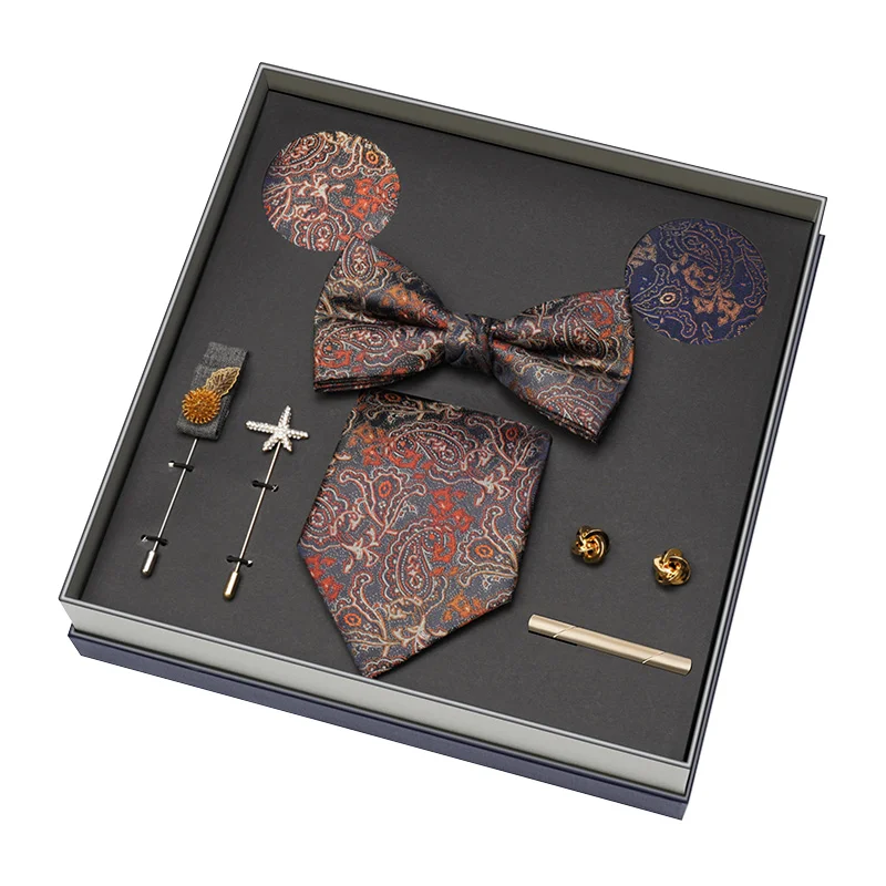 Hot Selling Luxury Men Silk Paisley Gold Necktie Bow Tie Cufflink and Handkerchief Gift Set with Gift Box