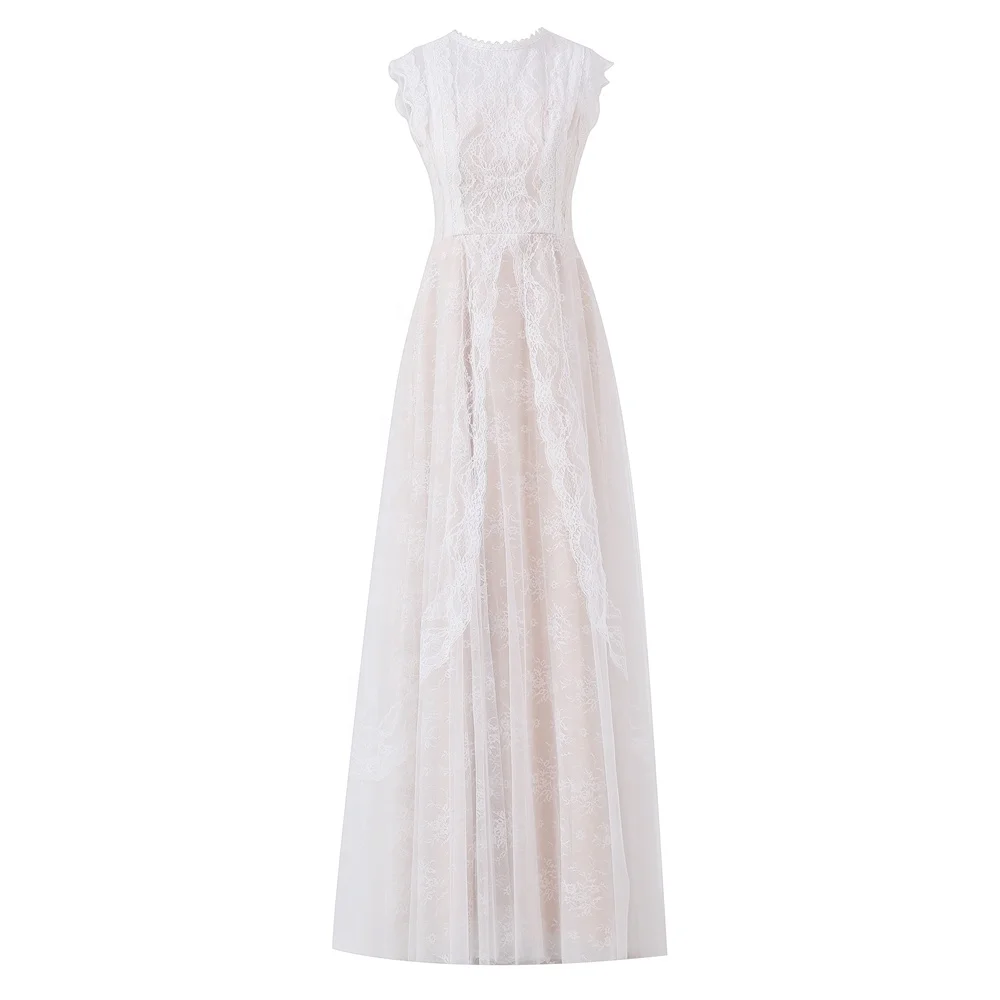 #1014 O Neck Sleeveless Champagne Boho Beach Wedding Dress Lace Dress Boho