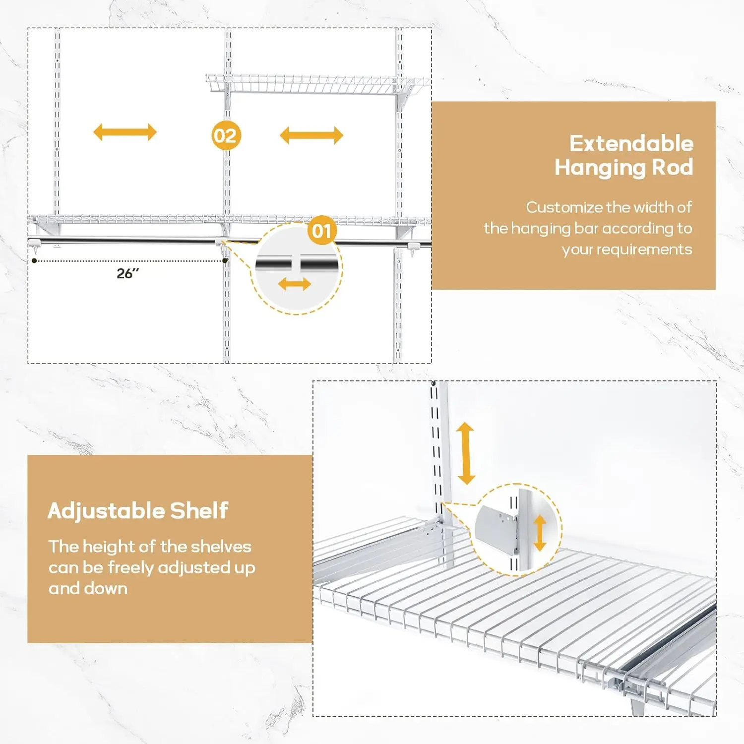 Wall Mounted 4-8 Feet Adjustable & Expandable Metal Wardrobe Walking Wire Hanging Clothes Rack Open Closet Storage Organization