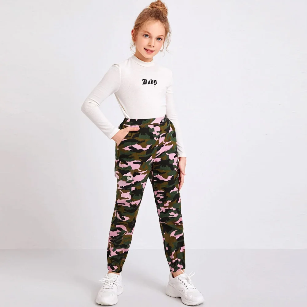 Custom Cargo Pants Full Length Tween Girl Flap Pockets Side Camo Pants Camouflage for Kids