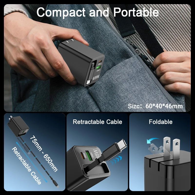 Schitec 65W retractable cable charger multi  USB Wall Charger Multi 3 charging plug super charging retractable USB charger