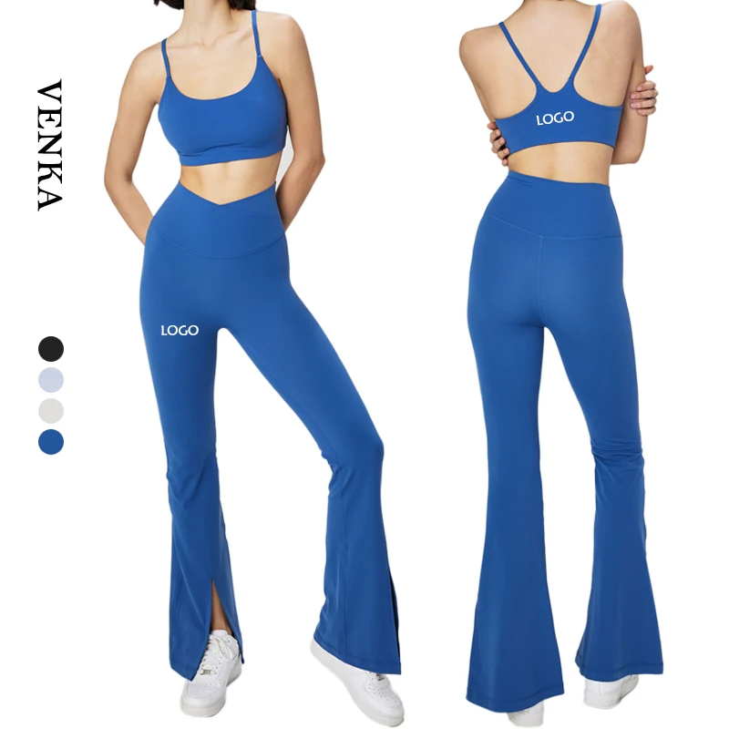 Wholesale High Impact U Neck Fitness Vest Sports Bra Crossover High Waist Split Yoga Flared Pants Leggings Seamless Yoga Set