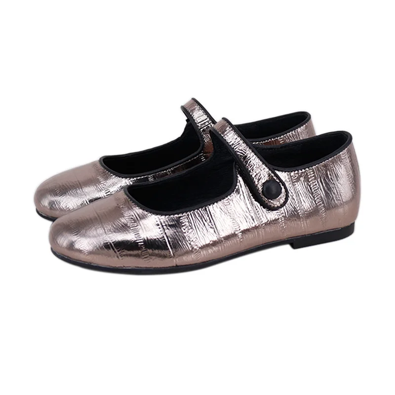 Wholesale Genuine Leather Latest Design Girls Shoes Stylish Pewter Color Eel Pattern Embossed Leather Mary Jane Shoes For Girls