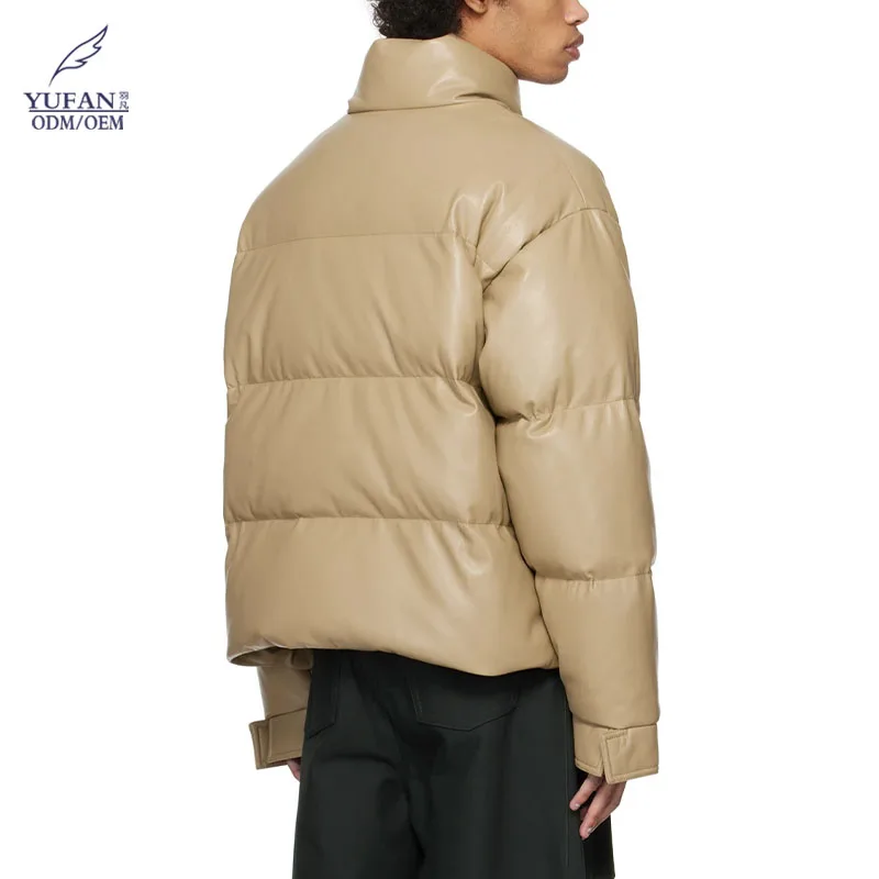 YuFan Custom Vegan Leather Down Jacket Funnel Neck Coated Down-Filled Quilted Waterproof Coats For Men Outdoor Winter Jackets