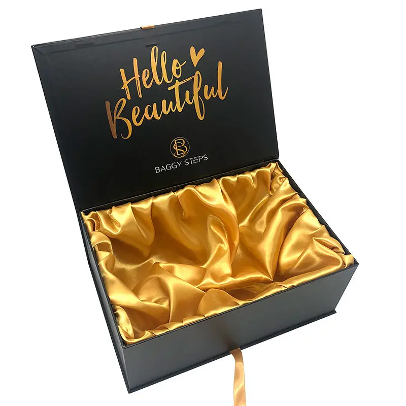 Luxury Magnetic Box with Silk Ribbon Wigs Weave Gift Packaging Box Appeal  Wedding Dress Cardboard Golden  Black Box Packaging